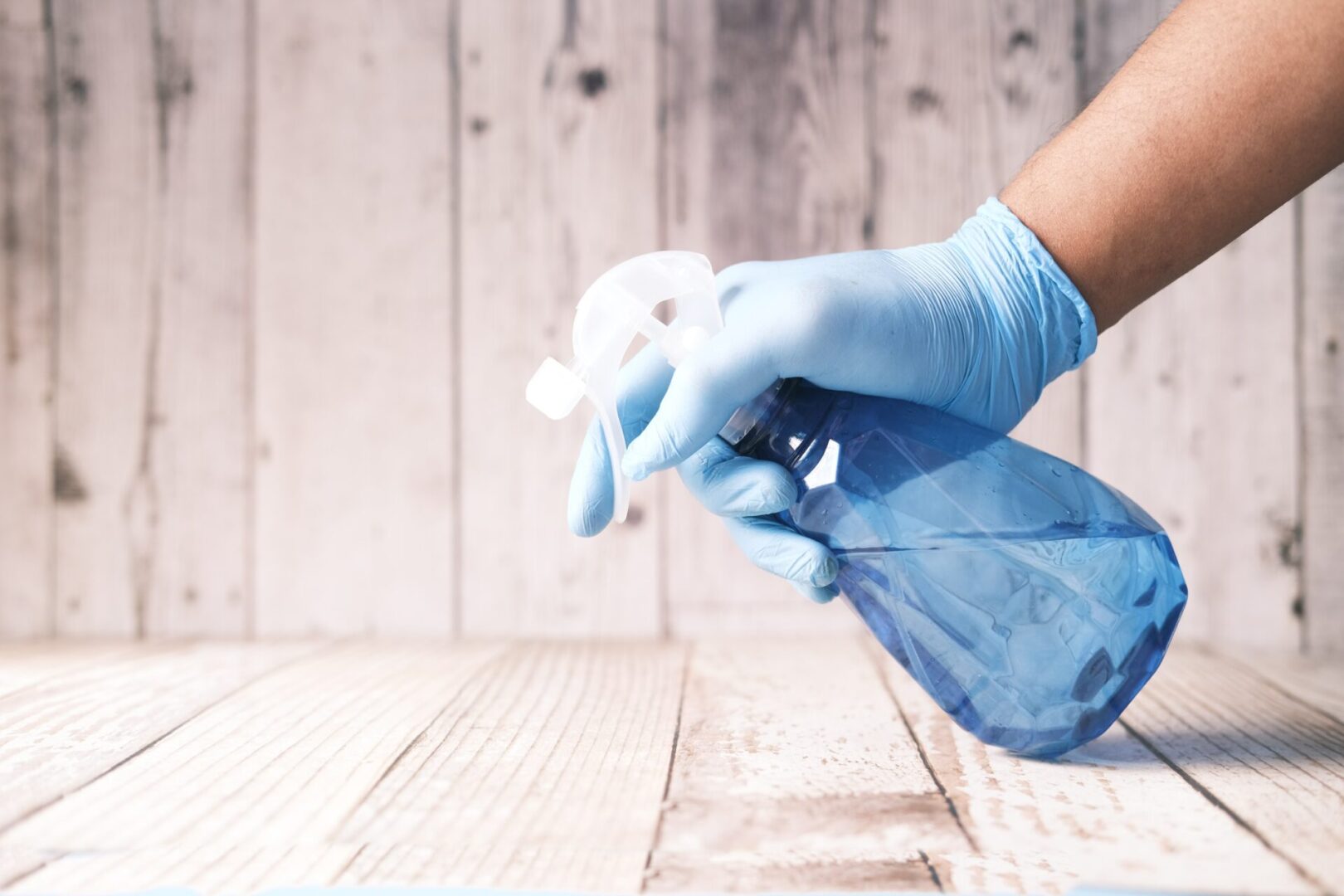 A person wearing blue gloves and holding something