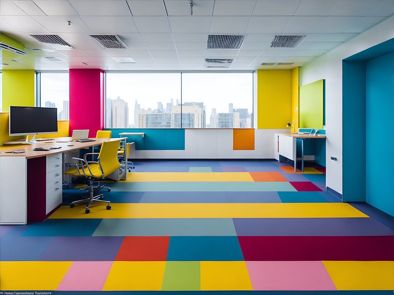 A colorful office with a view of the city.