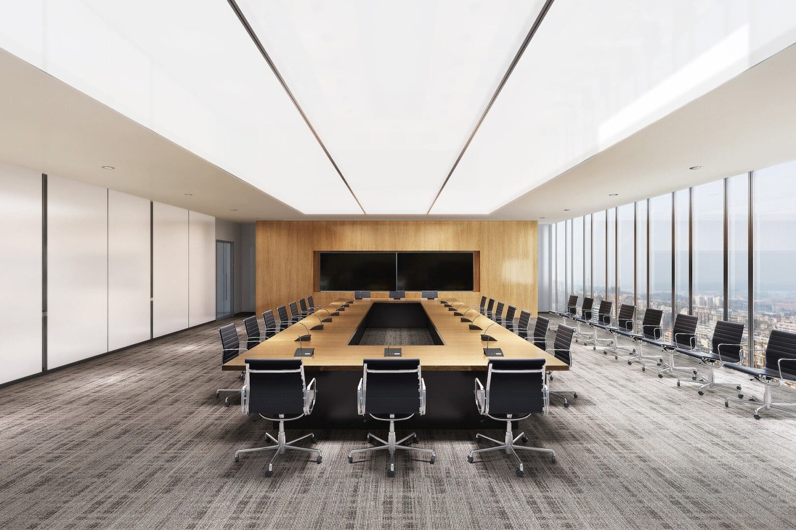 A large conference room with chairs and tables.