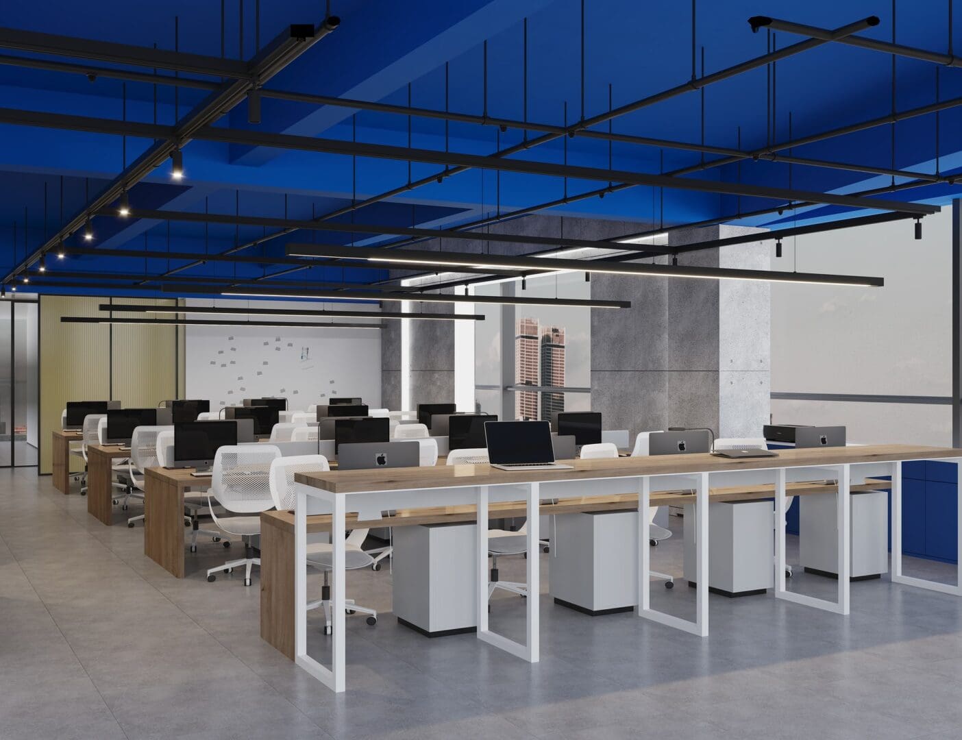 A large open office space with many desks.